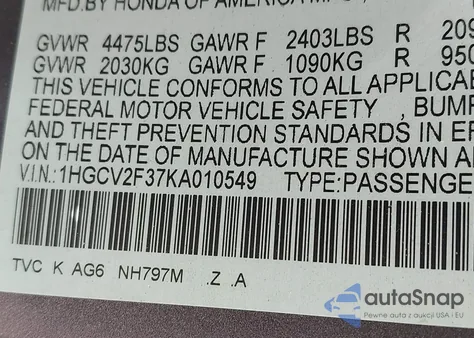 2019 Honda Accord Sport 2.0T from USA, damaged, VIN 1HGCV2F37KA010549